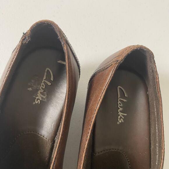 Clarks Sz 8.5 W Partridge Brown Leather Slip On Loafer Heeled Boots Comfort Clog - Picture 9 of 14